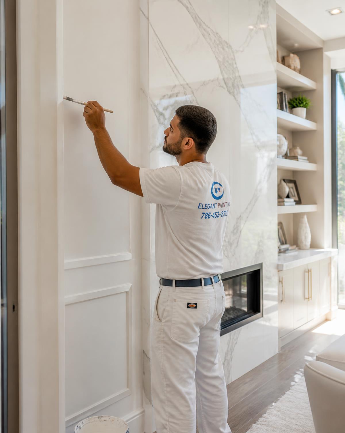 Painter cutting in crisp edges inside a luxury living room