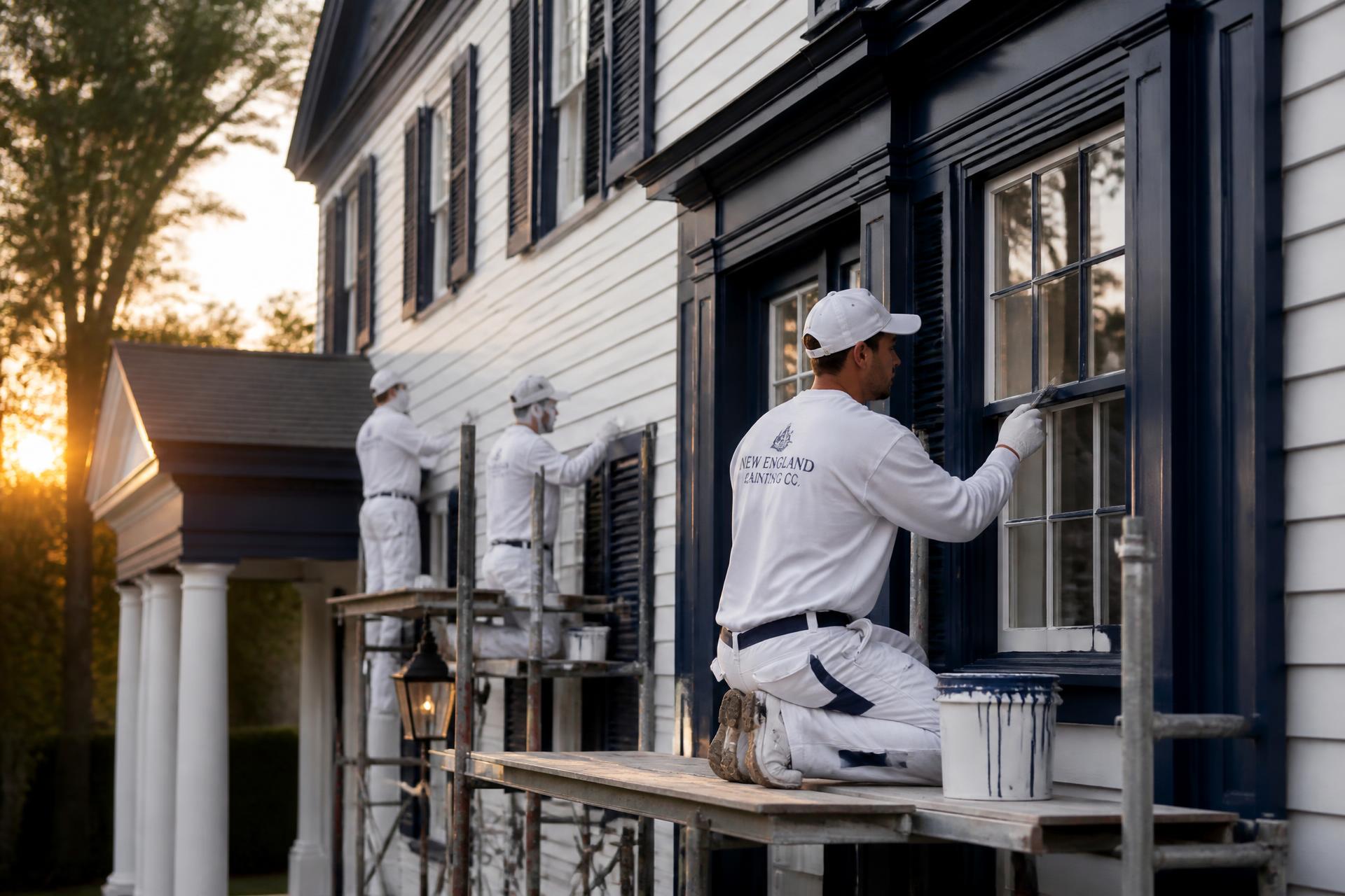 Professional painters finishing the exterior of a luxury Massachusetts home